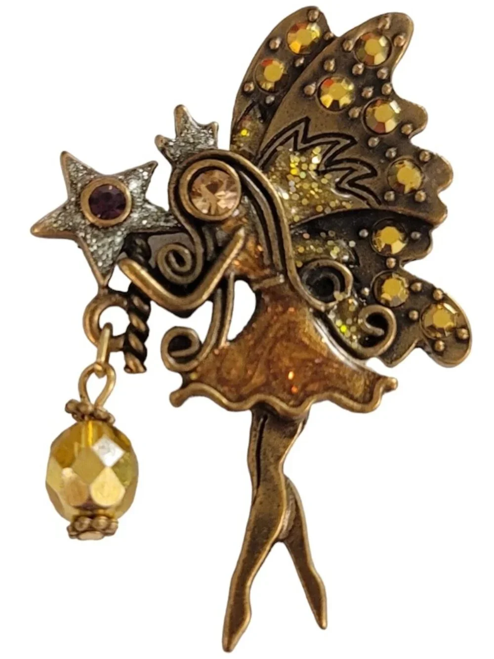 Gold Rhinestone Enamel Star Wand Dangle Fairy Brooch Pin K929